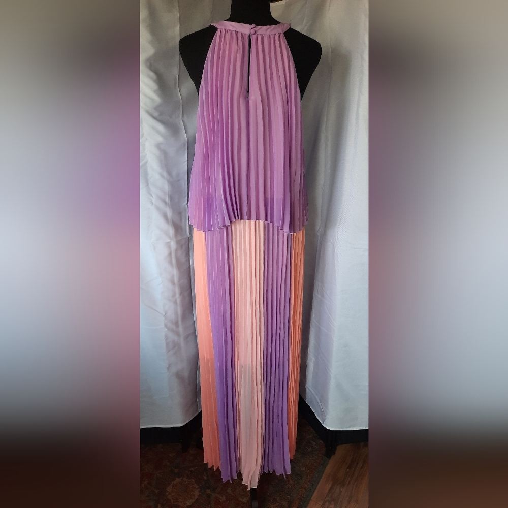 Cato Maxi Dress Womens 18-20 Peach Lavender Halter Neck Pleated Layered Lined - Picture 3 of 14